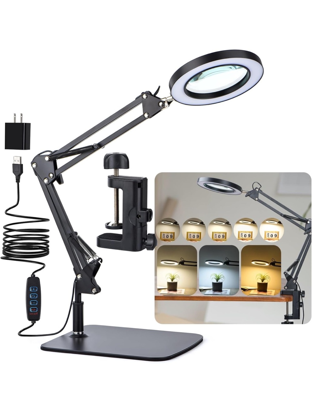 LED Magnifier Desk Lamp Stand Clamp Color Dimming Diopter Glass Lens Work Craft